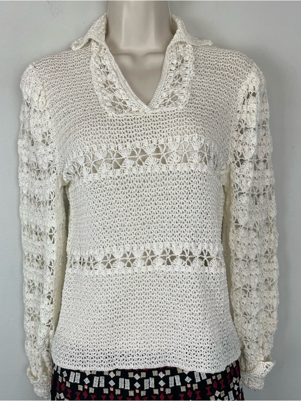 Vintage Cream Crochet Hand Knit Women’s Sweater Openwork Detailing XS